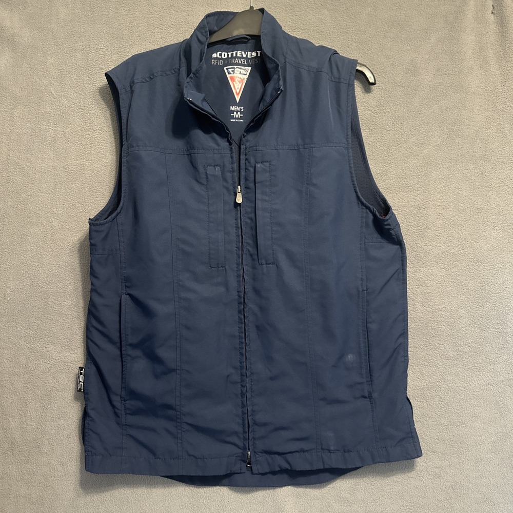SCOTTeVEST RFID Travel Vest Multi Pocket Utility Tech Vest Mens Size M Navy Blue